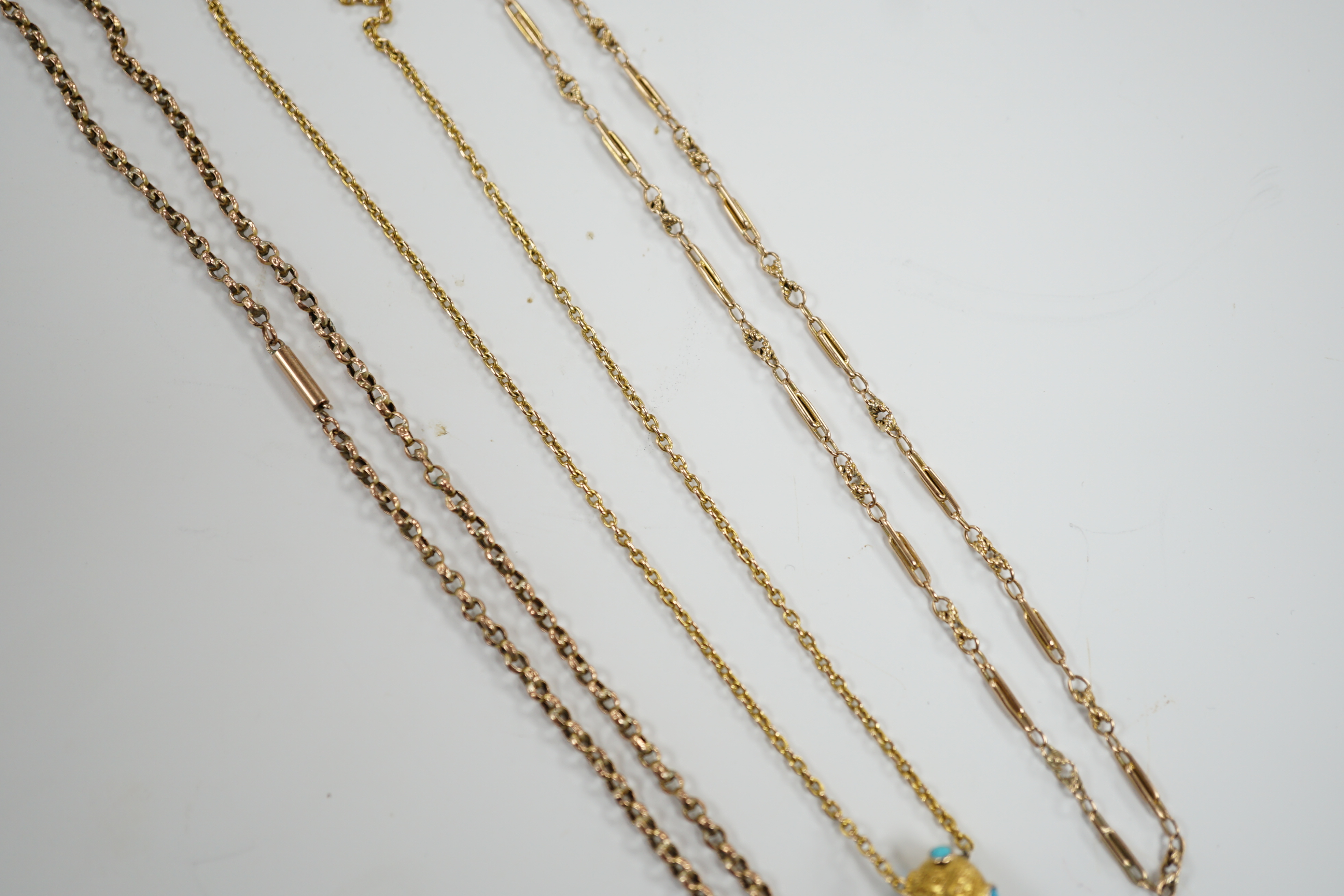 A 9ct and turquoise set chain (a.f.) and two other yellow metal chains (a.f.), gross 17.9 grams.